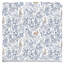 Load image into Gallery viewer, Bunny toile throw pillow, blue with colorful bunny