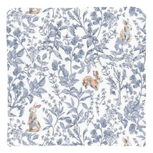 Load image into Gallery viewer, Bunny toile throw pillow, blue with colorful bunny