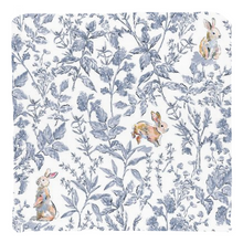 Load image into Gallery viewer, Bunny toile throw pillow, blue with colorful bunny