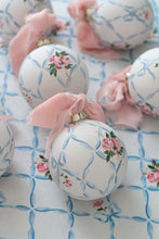 Load image into Gallery viewer, Ribbon trellis and rose hand-painted ornament
