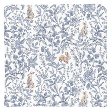 Load image into Gallery viewer, Bunny toile throw pillow, blue with colorful bunny