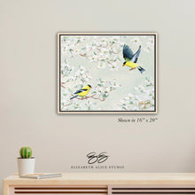 Load image into Gallery viewer, No. 264 Goldfinch and Dogwood, green chinoiserie canvas wrap, available framed