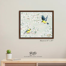 Load image into Gallery viewer, No. 264 Goldfinch and Dogwood, green chinoiserie canvas wrap, available framed