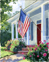 Load image into Gallery viewer, Original painting of American flag hanging on the front porch of a house - 11 x 14