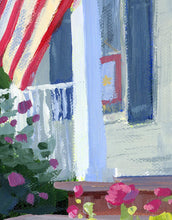 Load image into Gallery viewer, Original painting of American flag hanging on the front porch of a house - 11 x 14
