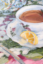Load image into Gallery viewer, Lemon Tea No. 3 - 18 x 24 original painting of vintage tea set, flowers, and lemons
