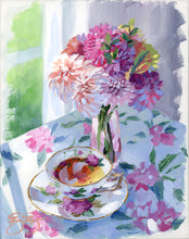 Load image into Gallery viewer, Tea and dahlias in pink vase (No. 499) - 8 x 10 acrylic painting on canvas