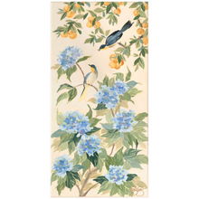 Load image into Gallery viewer, Anne, a chinoiserie fine art print of oranges and hydrangeas with bird