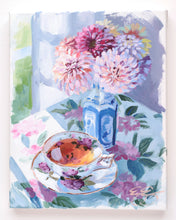 Load image into Gallery viewer, Tea and dahlias in blue and white vase (No. 500) - 8 x 10 acrylic painting on canvas