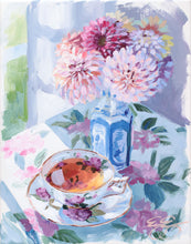 Load image into Gallery viewer, Tea and dahlias in blue and white vase (No. 500) - 8 x 10 acrylic painting on canvas
