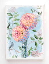 Load image into Gallery viewer, Best Buds: two peach dahlias in crystal vase (No. 503) - 5 x 7 acrylic painting on canvas