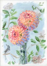 Load image into Gallery viewer, Best Buds: two peach dahlias in crystal vase (No. 503) - 5 x 7 acrylic painting on canvas