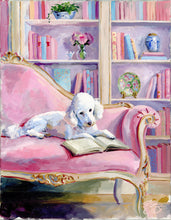 Load image into Gallery viewer, No. 523 Poodle reading on a pink chaise lounge, a fine art print on paper