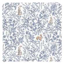Load image into Gallery viewer, Bunny toile throw pillow, blue with colorful bunny