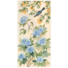 Load image into Gallery viewer, Anne, a chinoiserie fine art print of oranges and hydrangeas with bird