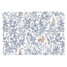 Load image into Gallery viewer, Bunny toile throw pillow, blue with colorful bunny