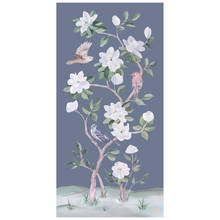 Load image into Gallery viewer, Songbirds and Magnolias, a dark blue chinoiserie fine art print