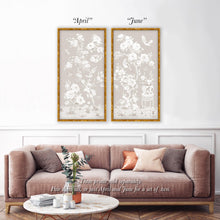 Load image into Gallery viewer, April, a tonal beige chinoiserie fine art print on paper with birds and cherry blossoms