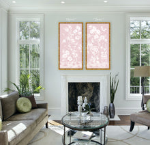 Load image into Gallery viewer, April, a tonal pink chinoiserie fine art print on paper with birds and cherry blossoms