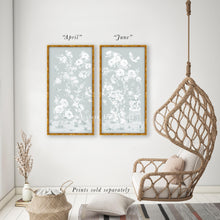 Load image into Gallery viewer, June, a tonal green chinoiserie fine art print on paper with birds and peonies
