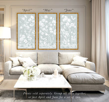 Load image into Gallery viewer, April, a tonal green chinoiserie fine art print on paper with birds and cherry blossoms