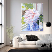 Load image into Gallery viewer, No. 396 Sarah Bernhardt peony in blue and white vase, a fine art print on canvas