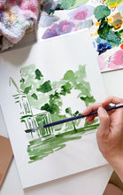 Load image into Gallery viewer, Original landscape painting of Victorian house and white dogwood tree - 8 x 10 on 11 x 14 paper