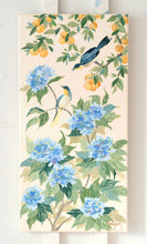 Load image into Gallery viewer, Chinoiserie painting of fruit and blue hydrangeas, "Anne" - 12 x 24