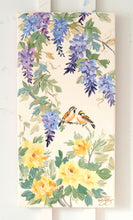 Load image into Gallery viewer, Chinoiserie painting of wisteria and yellow peonies, "Amelia" - 12 x 24