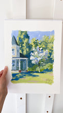 Load image into Gallery viewer, Original landscape painting of Victorian house and white dogwood tree - 8 x 10 on 11 x 14 paper