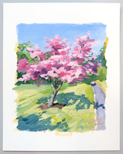 Load image into Gallery viewer, Original landscape painting of pink dogwood tree - 8 x 10 on 11 x 14 paper