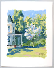 Load image into Gallery viewer, Original landscape painting of Victorian house and white dogwood tree - 8 x 10 on 11 x 14 paper