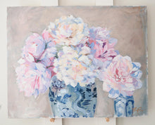 Load image into Gallery viewer, Original floral painting of pink peonies in blue and white vases - 16" x 20" canvas