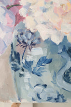 Load image into Gallery viewer, Original floral painting of pink peonies in blue and white vases - 16" x 20" canvas