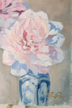 Load image into Gallery viewer, Original floral painting of pink peonies in blue and white vases - 16" x 20" canvas