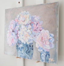 Load image into Gallery viewer, Original floral painting of pink peonies in blue and white vases - 16" x 20" canvas