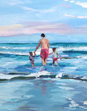 Load image into Gallery viewer, Dad with two girls in the waves - 11 x 14