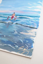 Load image into Gallery viewer, Dad with two girls in the waves - 11 x 14