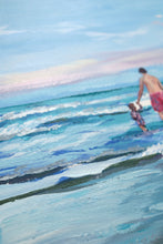 Load image into Gallery viewer, Dad with two girls in the waves - 11 x 14