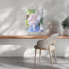 Load image into Gallery viewer, No. 396 Sarah Bernhardt peony in blue and white vase, a fine art print on canvas