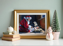 Load image into Gallery viewer, Santa kneeling before baby Jesus, a fine art print on paper