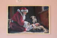 Load image into Gallery viewer, Santa kneeling before baby Jesus - 24 x 36 original painting with FREE frame ($175 value)