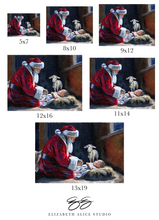 Load image into Gallery viewer, Santa kneeling before baby Jesus, a fine art print on paper