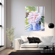 Load image into Gallery viewer, No. 396 Sarah Bernhardt peony in blue and white vase, a fine art print on canvas