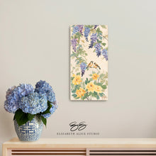 Load image into Gallery viewer, Amelia, a chinoiserie canvas wrap with purple wisteria, birds, and yellow peonies