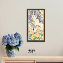 Load image into Gallery viewer, Amelia, a chinoiserie canvas wrap with purple wisteria, birds, and yellow peonies