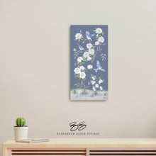 Load image into Gallery viewer, Bluebirds and Peonies, a dark blue chinoiserie canvas wrap, available framed