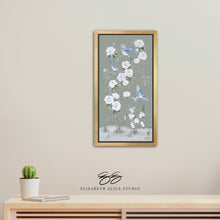 Load image into Gallery viewer, Bluebirds and Peonies, a green chinoiserie canvas wrap, available framed
