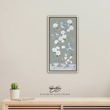 Load image into Gallery viewer, Bluebirds and Peonies, a green chinoiserie canvas wrap, available framed