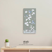 Load image into Gallery viewer, Bluebirds and Peonies, a green chinoiserie canvas wrap, available framed